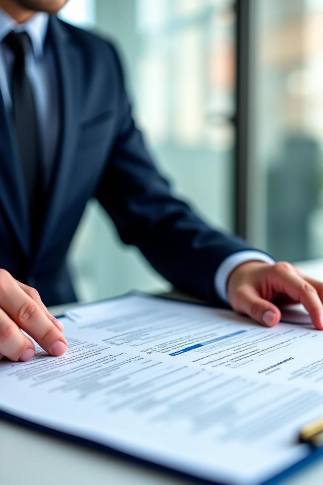 Consultor financiero revisando contratos y documentos legales en su oficina de Madrid, simbolizando estabilidad