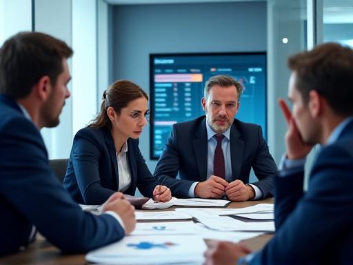 Personas en una reunión de negocios con expresiones de preocupación y gráficos de caída